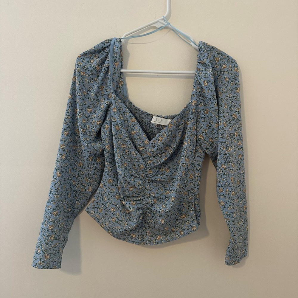 Astr Blue Floral Long Sleeve Blouse